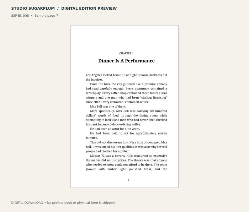 May include: A digital preview of a book page titled Studio Sugarplum, featuring the text Chapter 1 Dinner Is A Performance. The page contains several paragraphs of black text on a white background, with the page number 2 at the bottom center.