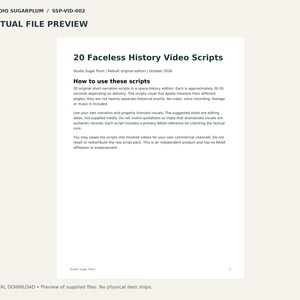 May include: A digital document titled 20 Faceless History Video Scripts by Studio Sugarplum. The page contains instructions on how to use the twenty original short narration scripts focused on space history and Apollo missions.