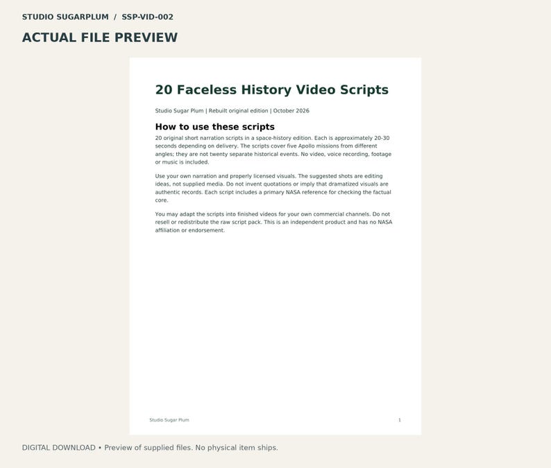 May include: A digital document titled 20 Faceless History Video Scripts by Studio Sugarplum. The page contains instructions on how to use the twenty original short narration scripts focused on space history and Apollo missions.