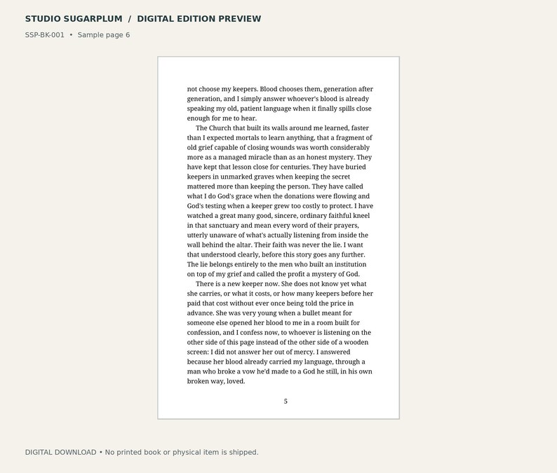 May include: A digital preview of page 6 from a Studio Sugarplum book, labeled SSP-BK-001. The page features black text on a white background, beginning with the words 'not choose my keepers' and ending with the number 5 at the bottom center.