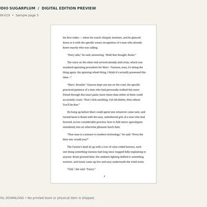 Pode incluir: Uma p&aacute;gina de visualiza&ccedil;&atilde;o digital da Studio Sugarplum, rotulada como SSP-BK-019 e p&aacute;gina de amostra 5. O documento apresenta texto impresso em preto sobre um fundo branco, narrando uma cena com os personagens Marv e Roxie, terminando com o n&uacute;mero 4.