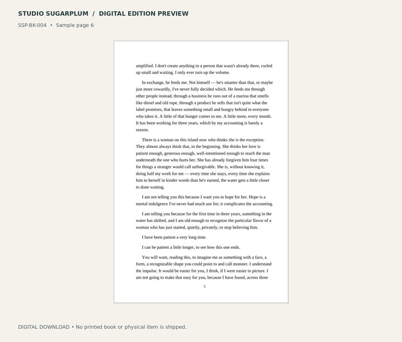 May include: A digital edition preview of a book page from Studio Sugarplum, labeled SSP-BK-004, sample page 6. The document features black text on a white background, containing several paragraphs of narrative prose and a page number at the bottom.