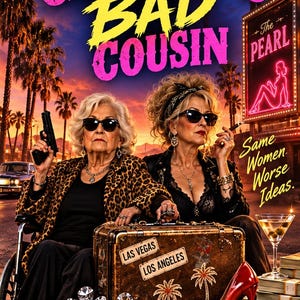 May include: A film poster titled Granny's Bad Cousin showing two women wearing sunglasses, one in a leopard print jacket holding a handgun, the other smoking, with a suitcase marked Las Vegas and Los Angeles, diamonds, a red high heel, and cash.