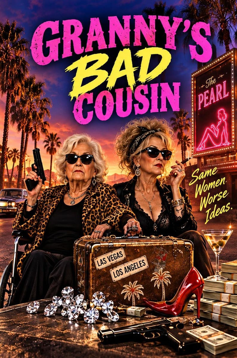 May include: A film poster titled Granny's Bad Cousin showing two women wearing sunglasses, one in a leopard print jacket holding a handgun, the other smoking, with a suitcase marked Las Vegas and Los Angeles, diamonds, a red high heel, and cash.