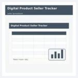 May include: A digital product seller tracker spreadsheet featuring a dark gray header with the text Digital Product Seller Tracker. The interface includes a table grid, a bar chart icon, and the text TRACK • PLAN • SELL at the bottom left.