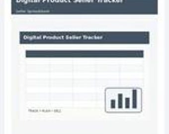 May include: A digital product seller tracker spreadsheet featuring a dark gray header with the text Digital Product Seller Tracker. The interface includes a table grid, a bar chart icon, and the text TRACK • PLAN • SELL at the bottom left.
