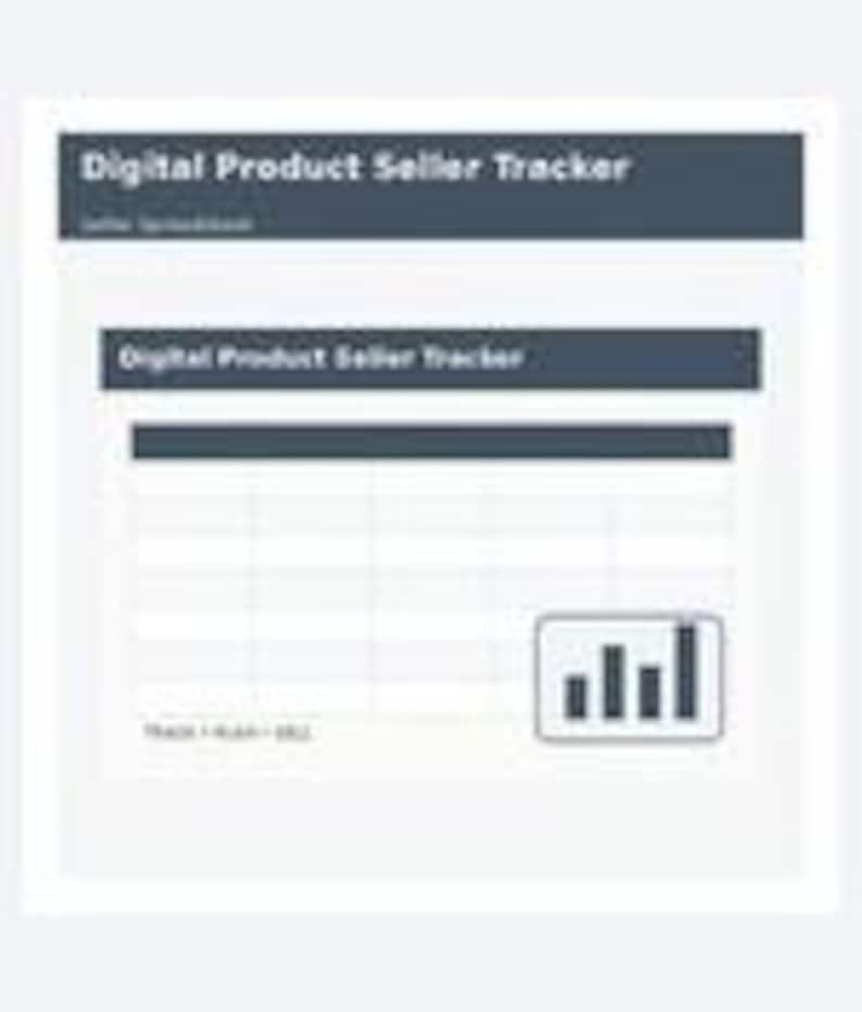 May include: A digital product seller tracker spreadsheet featuring a dark gray header with the text Digital Product Seller Tracker, a grid table, and a bar chart icon. The bottom left corner displays the text TRACK PLAN SELL.