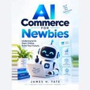 May include: A book cover titled AI Commerce for Newbies by James H. Tate. The cover features a white and black robot sitting at a laptop, with a stack of blue books and a green plant nearby. The text reads Understand AI. Start Online. Build Your Future.