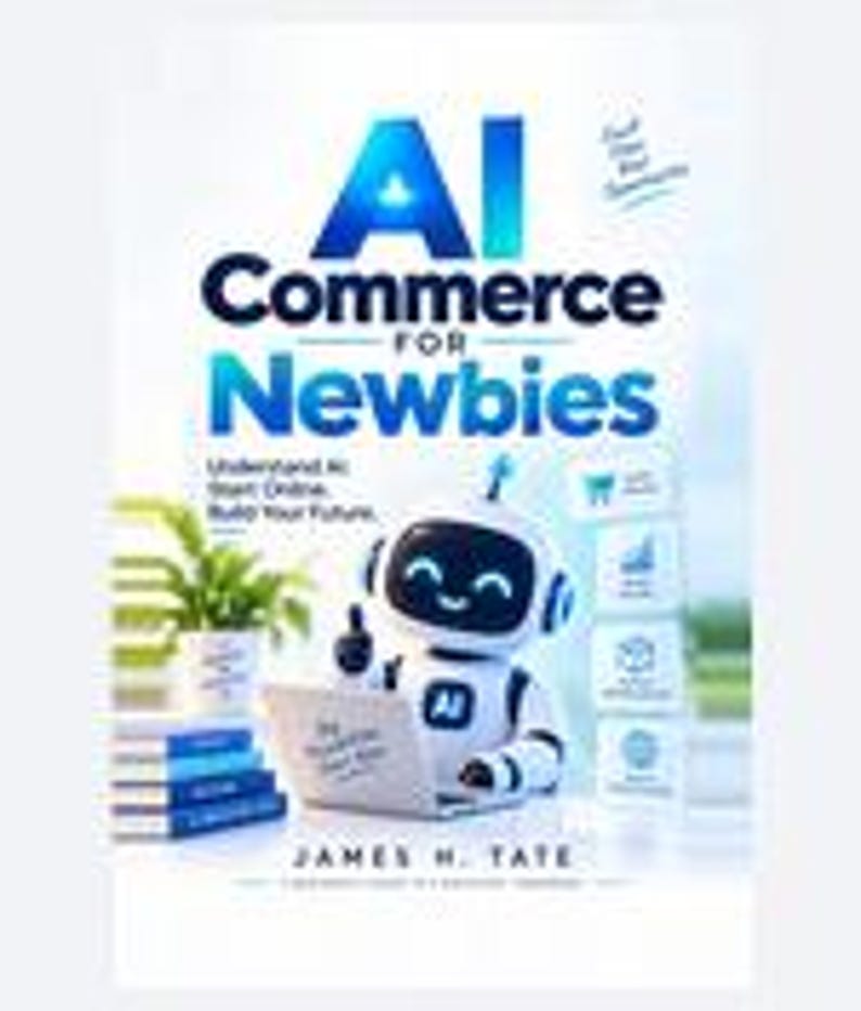 May include: A book cover titled AI Commerce for Newbies by James H. Tate. The cover features a white and black robot sitting at a laptop, with a stack of blue books and a green plant nearby. The text reads Understand AI. Start Online. Build Your Future.