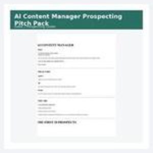 Puede incluir: Un documento blanco titulado AI Content Manager Prospecting Pitch Pack con un encabezado verde oscuro. El texto incluye secciones para AI Content Manager, Pitch, Cold Email, DM, Script y The First 10 Prospects, organizadas en negro sobre fondo blanco.