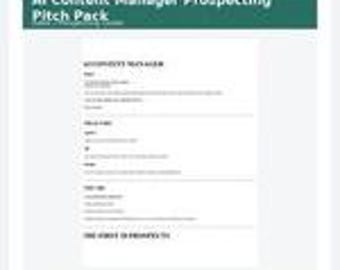 May include: A white document titled AI Content Manager Prospecting Pitch Pack with a dark green header. The text includes sections for AI Content Manager, Pitch, Cold Email, DM, Script, and The First 10 Prospects, organized with black text on a white background.