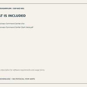 May include: A digital document with a light beige background and dark text. It lists Studio Sugarplum / SSP-BIZ-001, WHAT IS INCLUDED, Small Business Command Center.xlsx, Small Business Command Center Start Here.pdf, and digital download information.