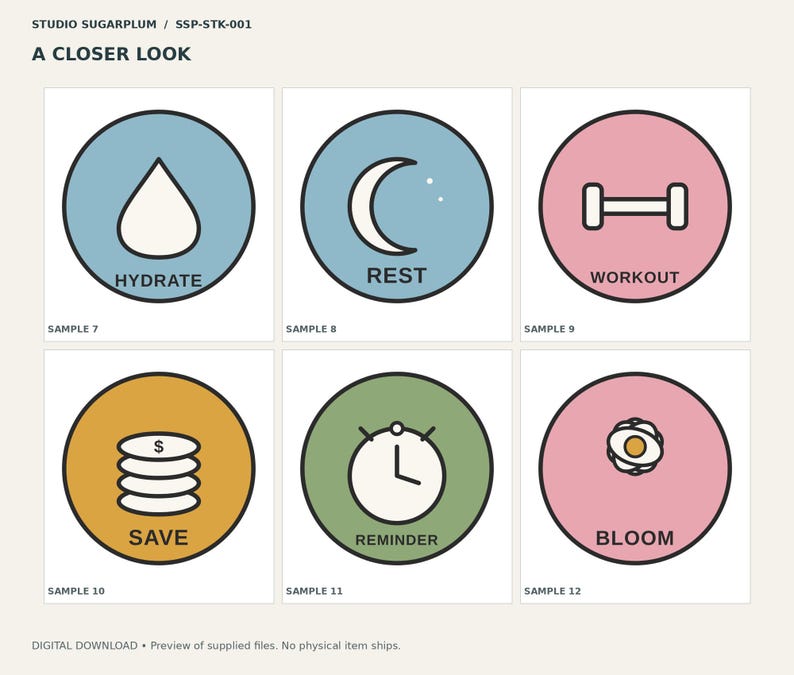 May include: A set of six circular stickers featuring icons and text: a blue water drop labeled HYDRATE, a blue crescent moon labeled REST, a pink dumbbell labeled WORKOUT, a gold stack of coins labeled SAVE, a green clock labeled REMINDER, and a pink flower labeled BLOOM.