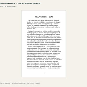 May include: A digital book sample page titled STUDIO SUGARPLUM / DIGITAL EDITION PREVIEW. The page displays Chapter One titled CLAY, featuring black text on a white background with the page number 5 at the bottom center of the document.