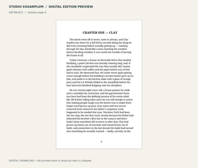 May include: A digital book sample page titled STUDIO SUGARPLUM / DIGITAL EDITION PREVIEW. The page displays Chapter One titled CLAY, featuring black text on a white background with the page number 5 at the bottom center of the document.