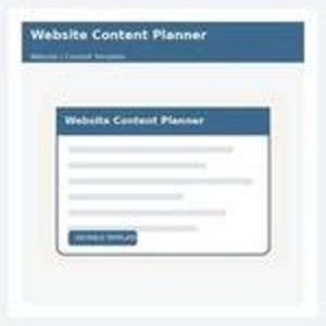 May include: A digital website content planner template featuring a blue header with the text Website Content Planner. The layout includes a white content area with horizontal lines for text and a blue button labeled Website Content.