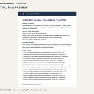 May include: A digital document titled AI Content Manager Prospecting Pitch Pack from Studio Sugarplum. The page outlines service positioning, landing-page copy templates, and fourteen industry lanes for content management services.