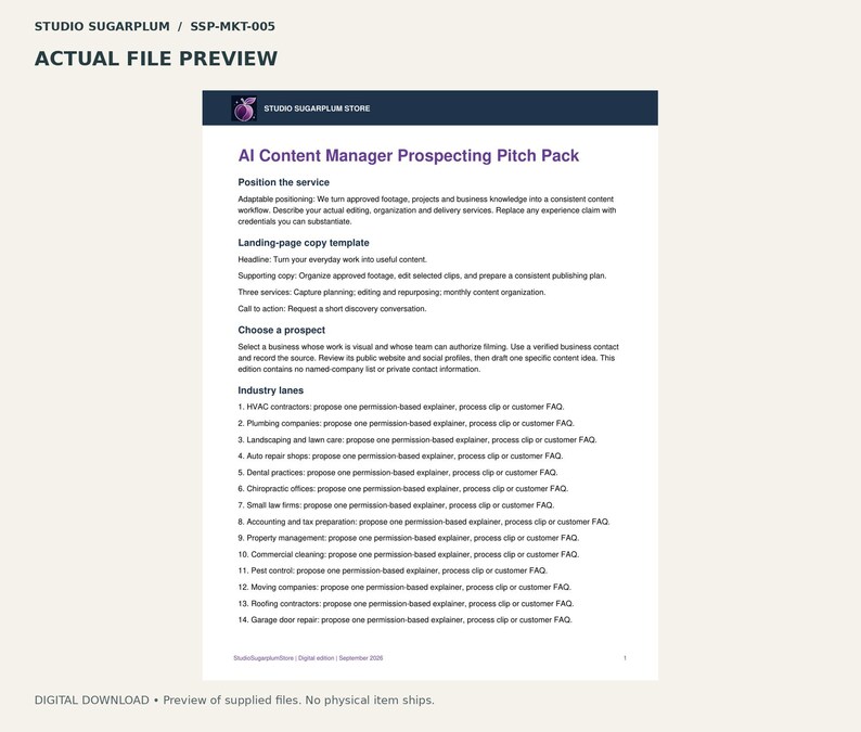 May include: A digital document titled AI Content Manager Prospecting Pitch Pack from Studio Sugarplum. The page outlines service positioning, landing-page copy templates, and fourteen industry lanes for content management services.