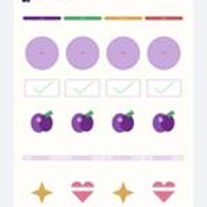 May include: A digital chart featuring four rows of icons on a white background. The rows include light purple circles, rectangular boxes with checkmarks, purple plum illustrations, and alternating gold stars and pink hearts, organized by color-coded headers.