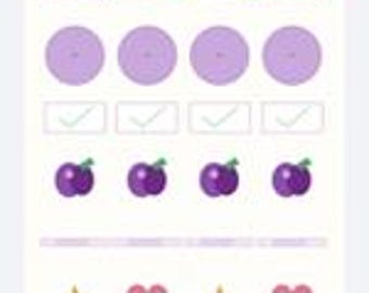 May include: A digital chart featuring four rows of icons on a white background. The rows include light purple circles, rectangular boxes with checkmarks, purple plum illustrations, and alternating gold stars and pink hearts, organized by color-coded headers.