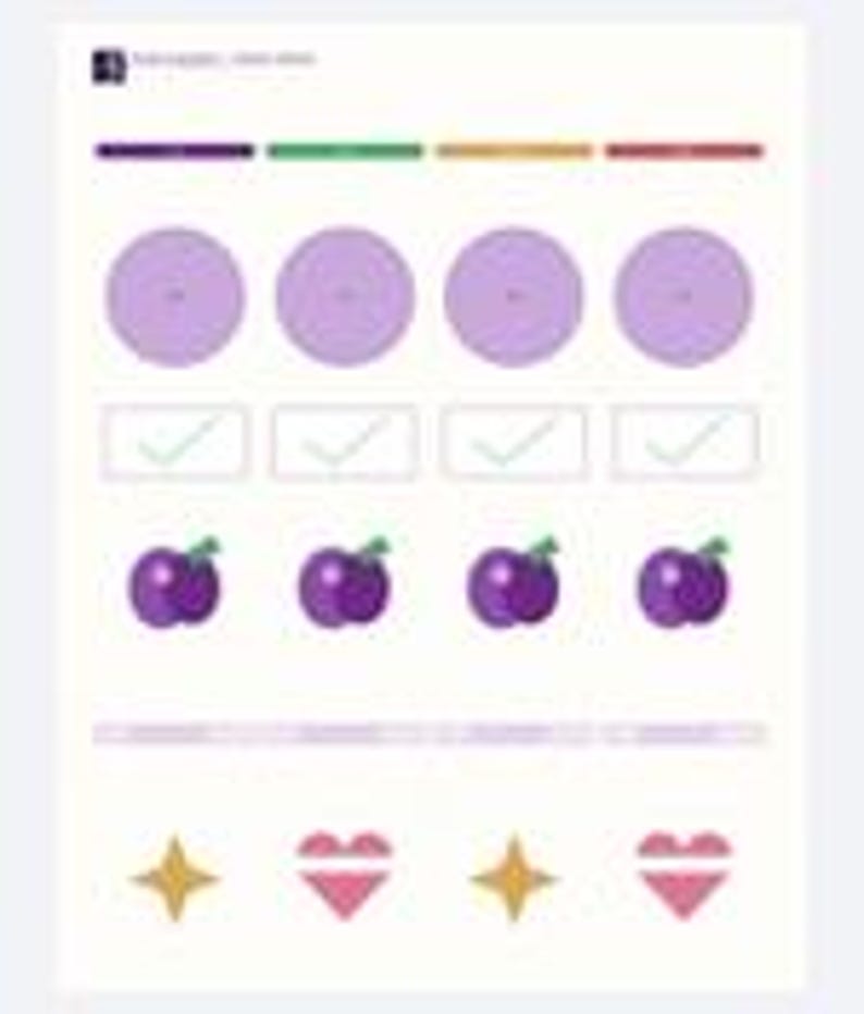 May include: A digital sticker sheet featuring four rows of icons. The top row has purple circles with numbers, followed by checkmarks, purple plum illustrations, and a bottom row alternating between gold stars and pink hearts on a white background.