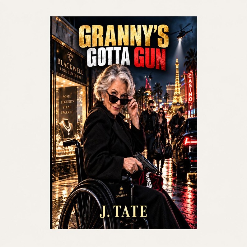 Puede incluir: Una portada de libro titulada Granny's Gotta Gun de J. Tate que muestra a una persona mayor con cabello gris y gafas de sol en una silla de ruedas, sosteniendo una pistola. El fondo muestra una calle de noche con una joyer&iacute;a y la Torre Eiffel.