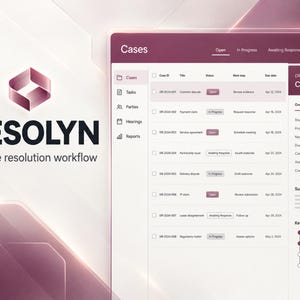 May include: A digital interface for Resolyn dispute resolution workflow software. The screen displays a list of cases, including a contract dispute, with status indicators, due dates, and a summary panel in a maroon and white color scheme.