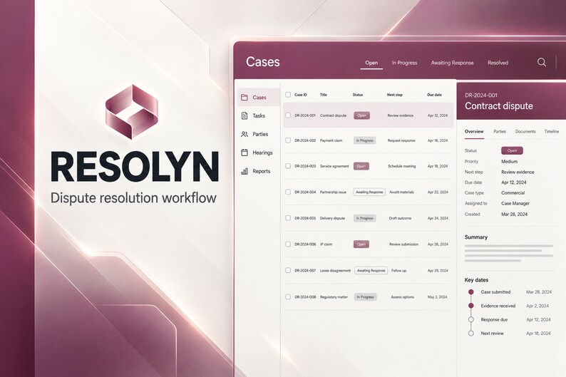 May include: A digital interface for Resolyn dispute resolution workflow software. The screen displays a list of cases, including a contract dispute, with status indicators, due dates, and a summary panel in a maroon and white color scheme.