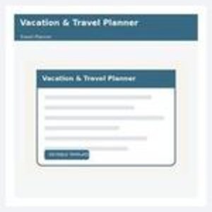 May include: A digital Vacation & Travel Planner interface featuring a dark blue header with white text. The layout includes a central white card with a matching blue header, several horizontal lines representing text fields, and a blue button.