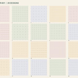May include: A grid of 20 square paper patterns labeled SSP-PPR-001 | 20 DESIGNS. Each square features a unique, subtle geometric design in soft pastel shades of pink, green, blue, and yellow, including dots, waves, grids, and small shapes.