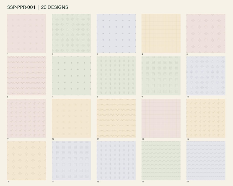 May include: A grid of 20 square paper patterns labeled SSP-PPR-001 | 20 DESIGNS. Each square features a unique, subtle geometric design in soft pastel shades of pink, green, blue, and yellow, including dots, waves, grids, and small shapes.