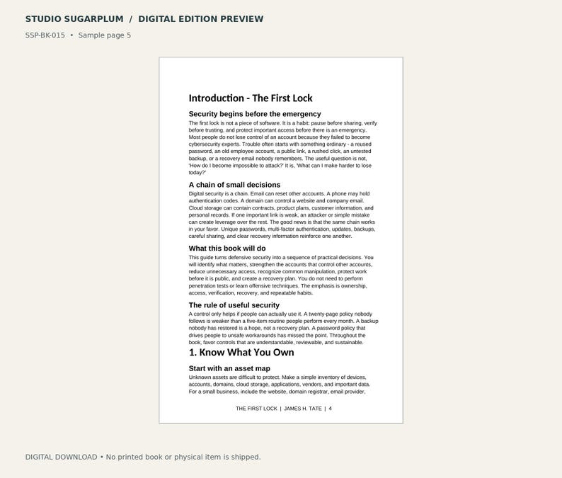 Peut inclure: Une page de pr&eacute;visualisation de livre num&eacute;rique intitul&eacute;e Introduction - The First Lock, avec du texte noir sur fond blanc. Le contenu traite des habitudes de cybers&eacute;curit&eacute;, de la s&eacute;curit&eacute; d&eacute;fensive et de la cartographie des actifs par James H. Tate.