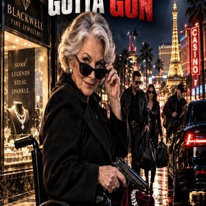 Puede incluir: Una portada de libro titulada Granny's Gotta Gun de J. Tate que muestra a una persona mayor de cabello blanco en silla de ruedas sosteniendo una pistola negra. La persona usa gafas de sol negras y un abrigo. El fondo muestra una calle de la ciudad de noche con una joyer&iacute;a, un casino y un helic&oacute;ptero en el cielo.