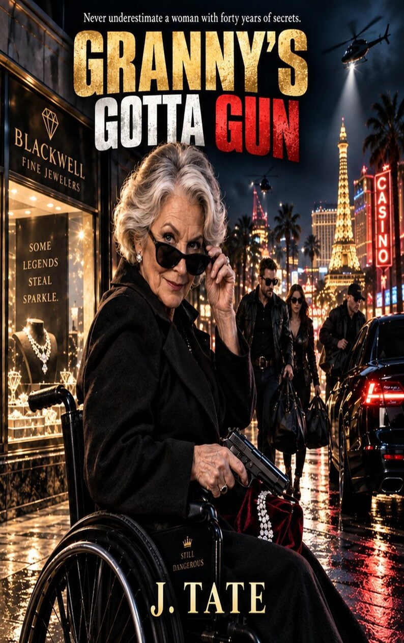 Puede incluir: Una portada de libro titulada Granny's Gotta Gun de J. Tate que muestra a una persona mayor de cabello blanco en silla de ruedas sosteniendo una pistola negra. La persona usa gafas de sol negras y un abrigo. El fondo muestra una calle de la ciudad de noche con una joyer&iacute;a, un casino y un helic&oacute;ptero en el cielo.