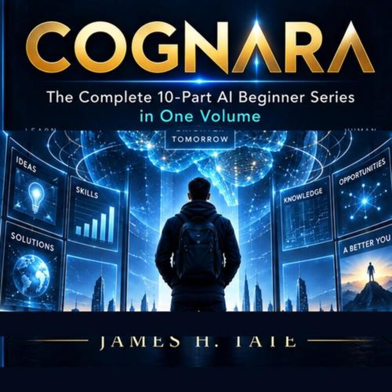 May include: A book cover titled COGNARA The Complete 10-Part AI Beginner Series in One Volume by James H. Tate. The design features a person with a backpack facing a digital display of blue glowing screens showing icons for ideas, skills, and knowledge.