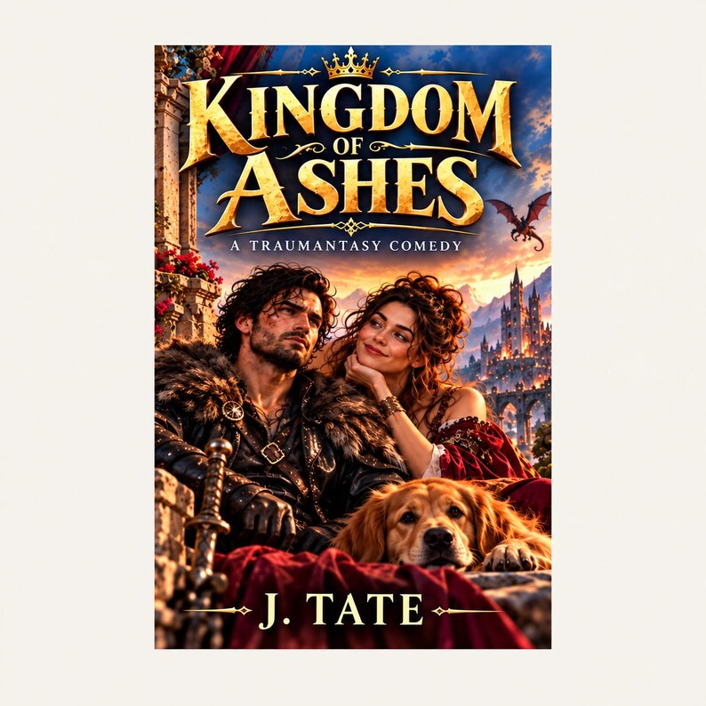 May include: A book cover titled Kingdom of Ashes: A Traumantasy Comedy by J. Tate. It features a man in dark leather and fur, a woman in a red dress, and a golden dog. In the background, a castle stands under a sunset sky with a flying dragon.