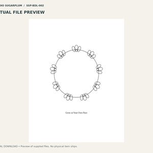 May include: A digital art print featuring a circular wreath design composed of thin black lines forming petal shapes. Below the wreath, the text reads "Grow at Your Own Pace" in a simple black serif font on a plain white background.