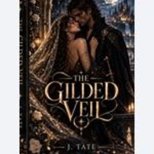 Puede incluir: Una portada de libro titulada The Gilded Veil de J. Tate con una ilustraci&oacute;n oscura y rom&aacute;ntica de dos figuras abraz&aacute;ndose bajo un cielo iluminado por la luna. La mujer lleva un velo brillante y el hombre viste ropa oscura. Texto dorado.
