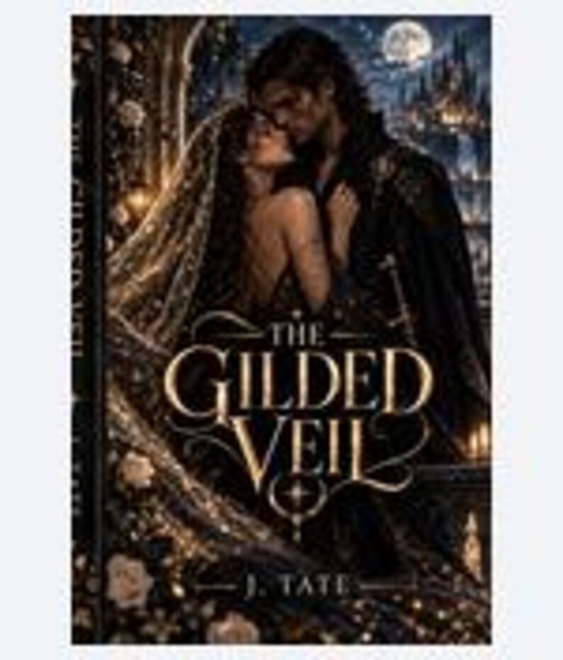 Puede incluir: Una portada de libro titulada The Gilded Veil de J. Tate con una ilustraci&oacute;n oscura y rom&aacute;ntica de dos figuras abraz&aacute;ndose bajo un cielo iluminado por la luna. La mujer lleva un velo brillante y el hombre viste ropa oscura. Texto dorado.