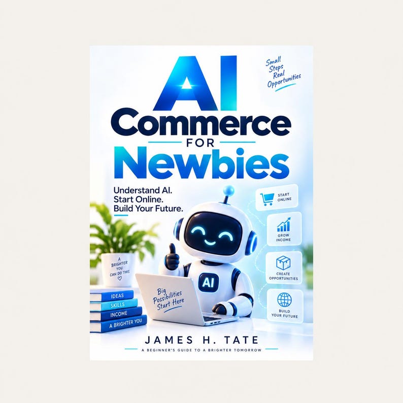 May include: A book cover titled AI Commerce for Newbies by James H. Tate. It features a white robot with a blue AI logo on its chest, typing on a laptop labeled Big Possibilities Start Here. Beside it are blue books and a plant.