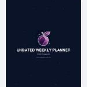 May include: A dark blue undated weekly planner cover featuring a central purple gradient peach icon with a leaf and small star accents. The text reads UNDATED WEEKLY PLANNER in white capital letters, with smaller text below the title.