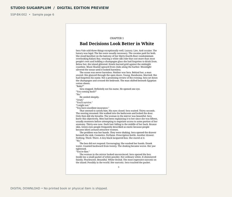 May include: A digital preview of a book page titled Studio Sugarplum, featuring the text of Chapter 1, Bad Decisions Look Better in White. The page contains black printed text on a white background, including the page number 5 at the bottom.