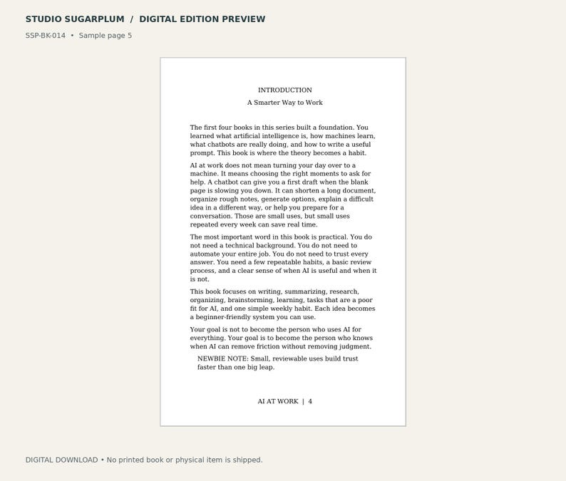 May include: A digital preview page from Studio Sugarplum titled Introduction: A Smarter Way to Work. The text discusses artificial intelligence, machine learning, and chatbots, including a Newbie Note and page number 4 at the bottom.