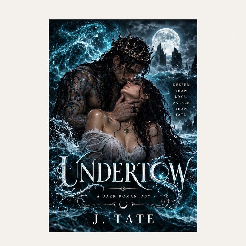 May include: A book cover titled Undertow by J. Tate featuring a dark-haired figure with a crown embracing another person amidst turbulent blue ocean waves under a full moon. The text reads Deeper than love. Darker than fate.