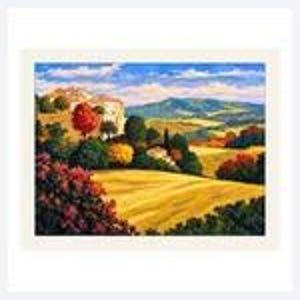 May include: A landscape painting depicting a rolling countryside with golden fields, lush green trees, and vibrant red foliage. A small cluster of buildings sits on a hillside under a bright blue sky with white clouds, capturing a scenic view.