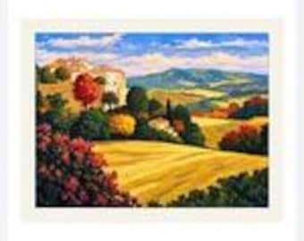 May include: A landscape painting depicting a rolling countryside with golden fields, lush green trees, and vibrant red foliage. A small cluster of buildings sits on a hillside under a bright blue sky with white clouds, capturing a scenic view.