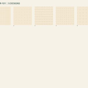 May include: Five square paper sheets labeled SSP-PPR-101, each featuring a distinct light beige pattern: a grid, small dots, horizontal wavy lines, diagonal dashes, and circular motifs. The designs are arranged in a row on a plain background.