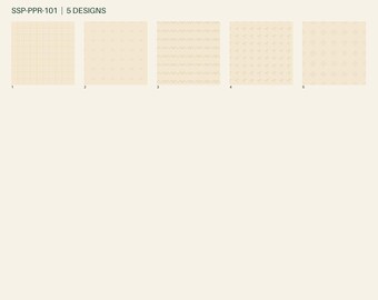 Peut inclure: Cinq feuilles de papier carrées étiquetées SSP-PPR-101, présentant chacune un motif beige clair distinct : une grille, des petits points, des lignes ondulées horizontales, des tirets diagonaux et des motifs circulaires sur fond uni.