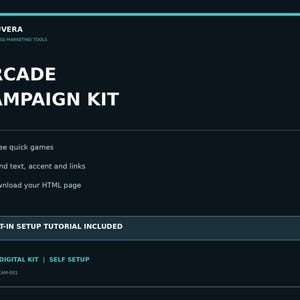 May include: A dark blue digital marketing graphic titled MODUVERA ARCADE CAMPAIGN KIT. It lists features including three quick games, brand text, accent and links, and HTML page download. Includes a built-in setup tutorial button.