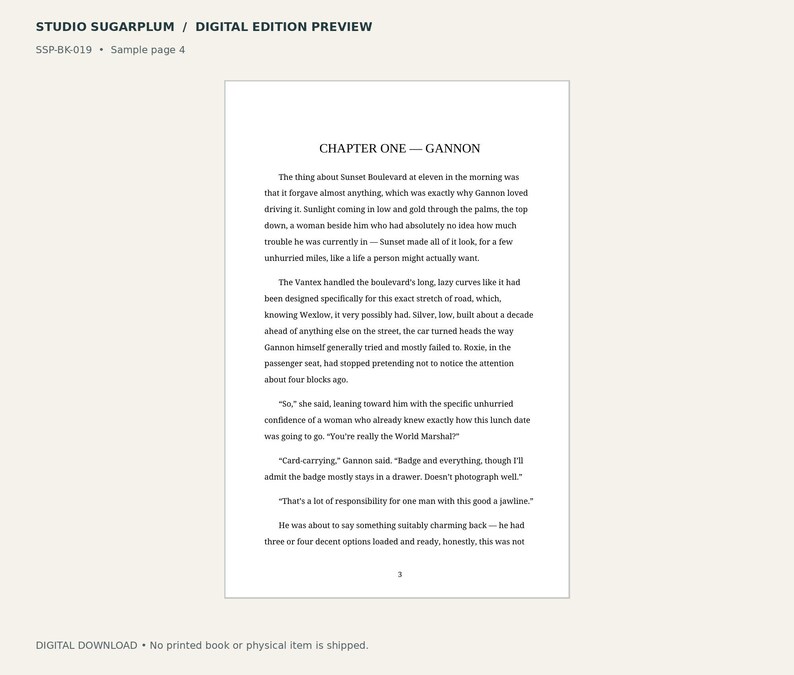 Pode incluir: Uma p&aacute;gina de amostra de livro digital intitulada Studio Sugarplum, rotulada como SSP-BK-019, Sample page 4. O texto exibe Chapter One, Gannon, apresentando uma narrativa sobre uma viagem pela Sunset Boulevard, um personagem chamado Gannon e uma passageira chamada Roxie.